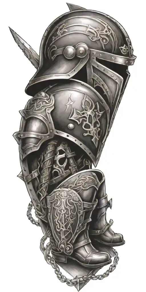 shield, fiery arrows, helmet, sword, boots, belt tattoo design idea