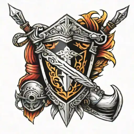shield, fiery arrows, helmet, sword, boots, belt tattoo design idea