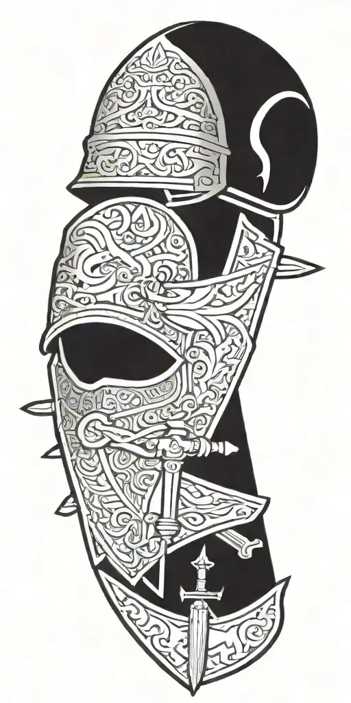 armor, sword, fiery arrows on shield, helmet, belt, boots, bible tattoo design idea