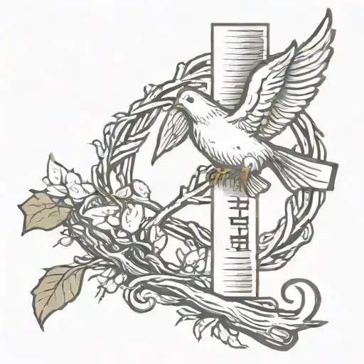 jesus cross, dove carrying a branch, scripture   tattoo design idea