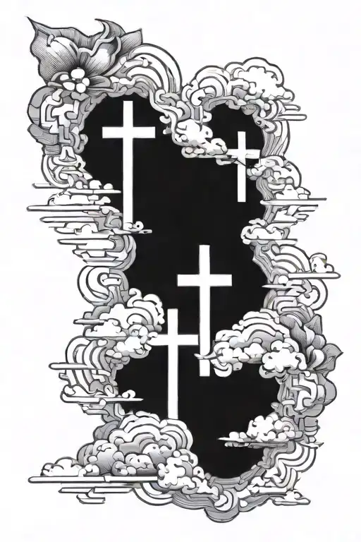 3 crosses with clouds and rays tattoo design idea