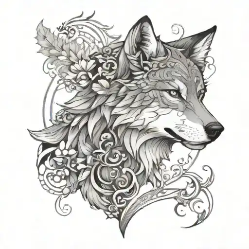 A tattoo showcasing the harmony between fatherhood and nature, with a majestic wolf and elegant cat intertwined with intricate woodwork details tattoo design idea
