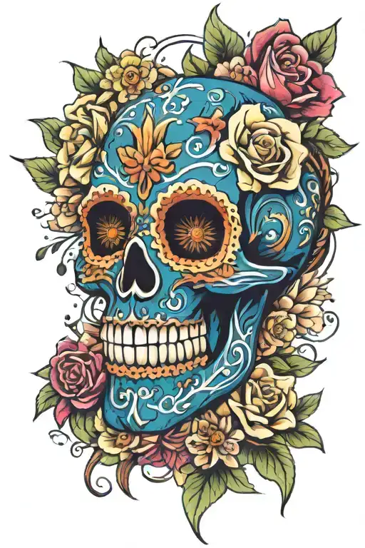 sugar skull surrounded by flowers blue tattoo design idea