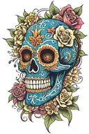 sugar skull surrounded by flowers blue tattoo design idea