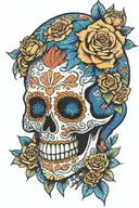 sugar skull surrounded by flowers blue tattoo design idea