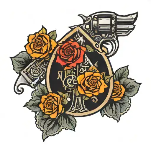 Ace of Spades card surrounded by roses with revolvers crossed in front of the card  tattoo design idea