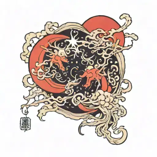 1994 Japan style blood moon merging together tattoo design idea