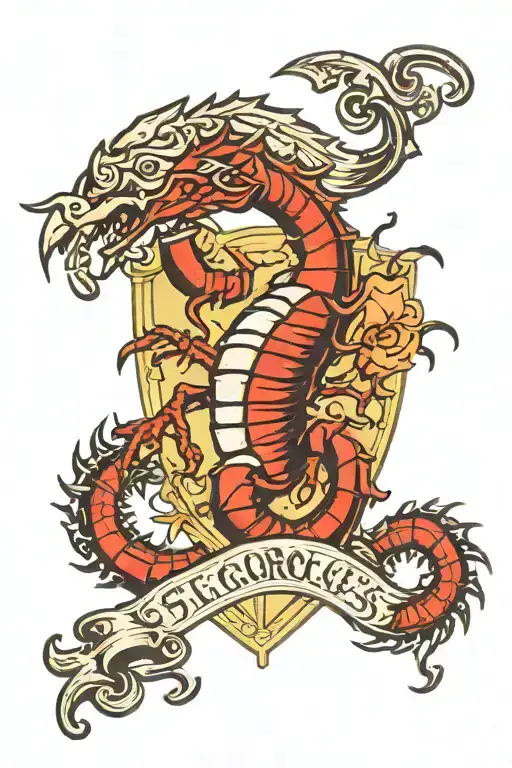 St Georges Crest, Scorpion with tail wrapping around, Yorkshire rose on the top right of the crest tattoo design idea