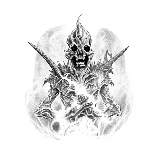 a necromancer in front of a castle with a bone dragon behind him and a zombie army infront of him tattoo design idea