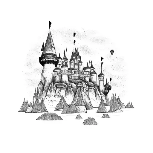 a floating island with a castle and a wizard tower  tattoo design idea