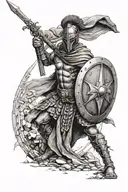 A downed spartan soldier in a cloak holding a spear and shield. tattoo design idea