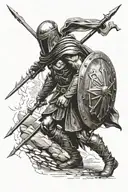 A downed spartan soldier in a cloak holding a spear and shield. tattoo design idea