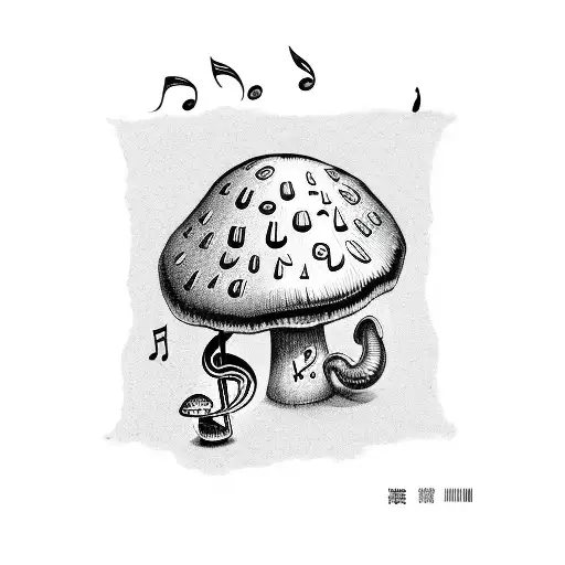  mushroom with music note, brick and flower  tattoo design idea