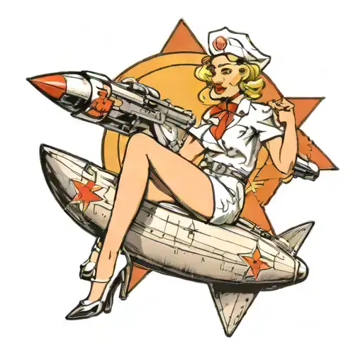 blonde pinup style nurse sitting on a missile like a cowboy tattoo design idea