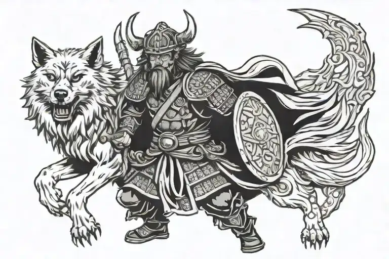 A samurai warrior holding a viking shield with a wolf at their side tattoo design idea