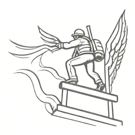firefighter climbing a large ladder. in profile, he has angel wings and a halo. The ladder is in profile tattoo design idea