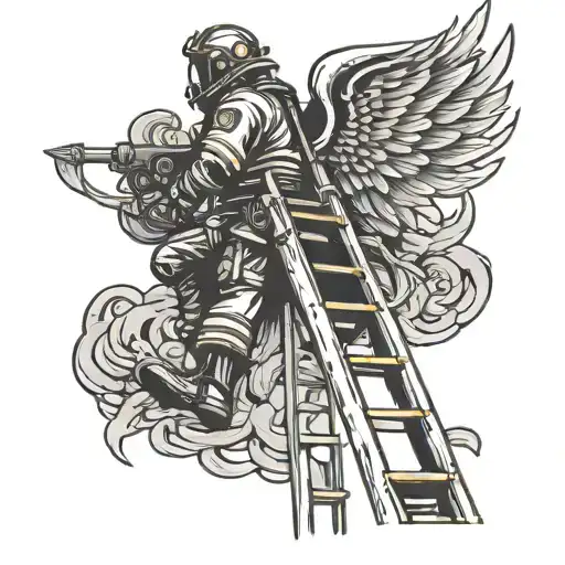 minimalist firefighter tattoos climbing a large ladder. He is in profile, he has angel wings and a halo. tattoo design idea