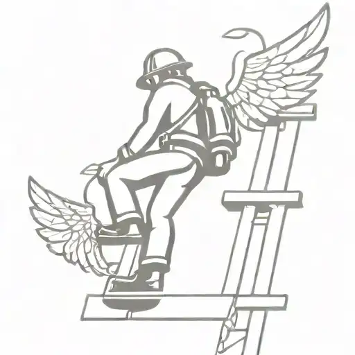minimalist firefighter tattoos climbing a large ladder. He is in profile, he has angel wings and a halo. tattoo design idea