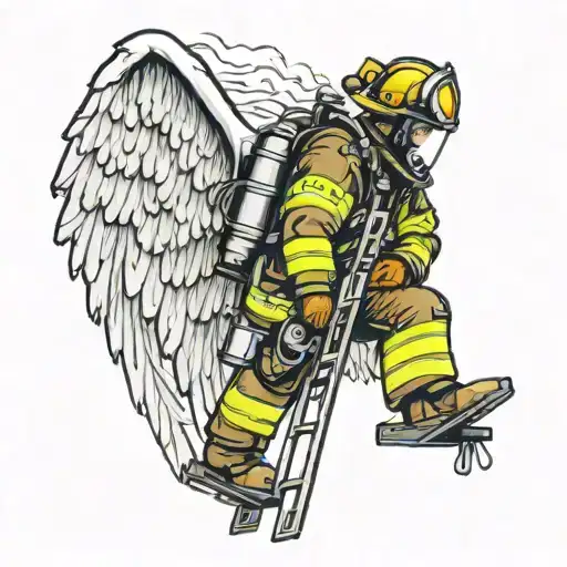 a firefighter in profile, climbing a ladder. He has angel wings and a halo. tattoo design idea