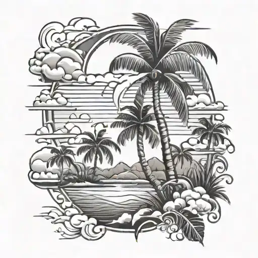 flamingo palm tree sea clouds tattoo design idea