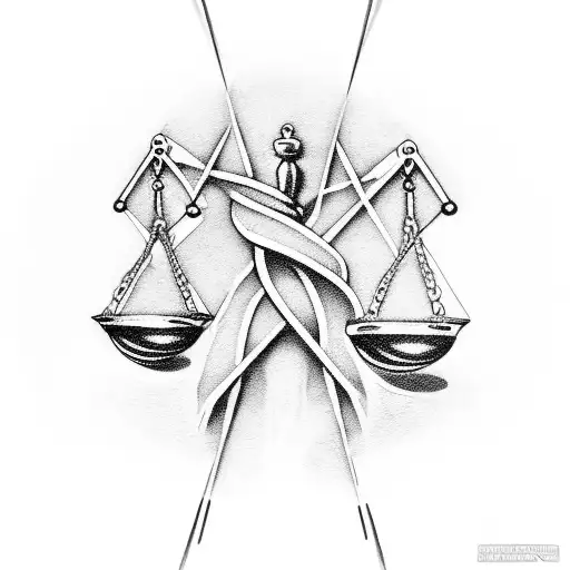 An abstract representation of a lawyer's scale of justice intertwined with a barbell tattoo design idea