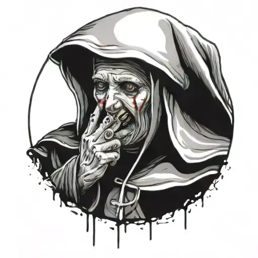 a hooded nun, with bloody stains on her face and an ominous expression on her face, holds a finger in front of her mouth calling for silence tattoo design idea