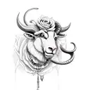 rose with ram animal and rosary tattoo design idea