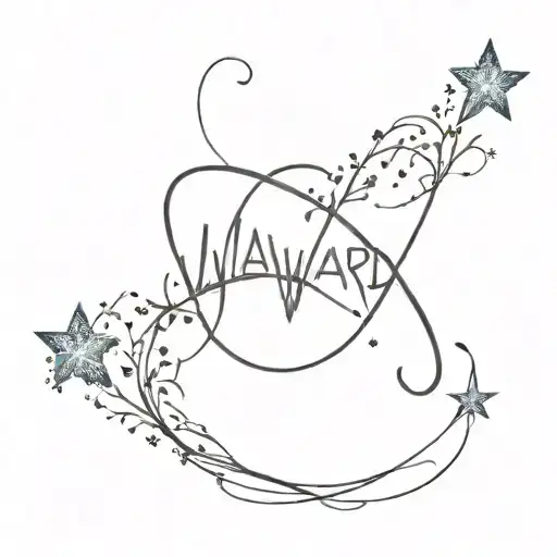 The word "wayward" surrounded by andromeda galaxy branching off the "y" in the word tattoo design idea