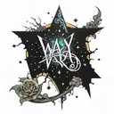 The word "wayward" surrounded by andromeda galaxy branching off the "y" in the word tattoo design idea