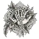 hands of fate, vines, narciss, arrow surrounded tattoo design idea