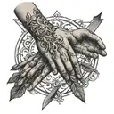 hands of fate, vines, narciss, arrow surrounded tattoo design idea