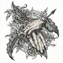 hands of fate, vines, narciss, arrow surrounded tattoo design idea