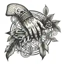 hands of fate, vines, narciss, arrow surrounded tattoo design idea