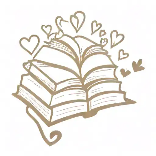 stack of books, top book is open and  hearts floating from inside the open book. JS intitals on the spine of the open b  tattoo design idea