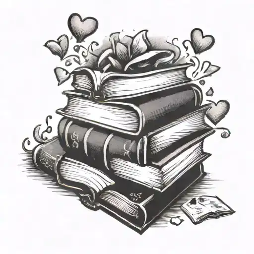 stack of books top book is open book with hearts coming from inside the top book JS on the spine of the top open book  tattoo design idea