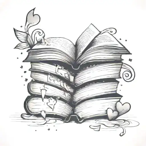 fine line stack of story books laying on their spine with hearts and star dust coming from inside the open top book  tattoo design idea