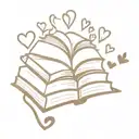 stack of books, top book is open and  hearts floating from inside the open book. JS intitals on the spine of the open b  tattoo design idea