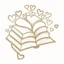 stack of books, top book is open and  hearts floating from inside the open book. JS intitals on the spine of the open b  tattoo design idea