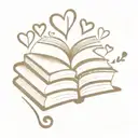 stack of books, top book is open and  hearts floating from inside the open book. JS intitals on the spine of the open b  tattoo design idea