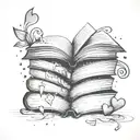 fine line stack of story books laying on their spine with hearts and star dust coming from inside the open top book  tattoo design idea