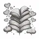 fine line stack of story books laying on their spine with hearts and star dust coming from inside the open top book  tattoo design idea