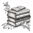 fine line stack of story books laying on their spine with hearts and star dust coming from inside the open top book  tattoo design idea