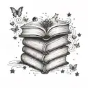 fine line stack of story books laying on their spine with hearts and star dust coming from inside the open top book  tattoo design idea