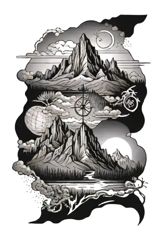 longitude and latitude coordinates with mountain landscape vertical  tattoo design idea