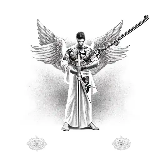 male Angel with sword sorrounded by crosses tattoo design idea