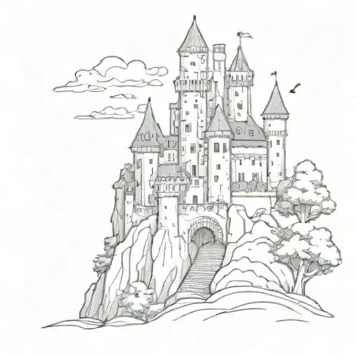 A medieval castle nestled in a lush forest, with mythical creatures lurking in the shadows tattoo design idea