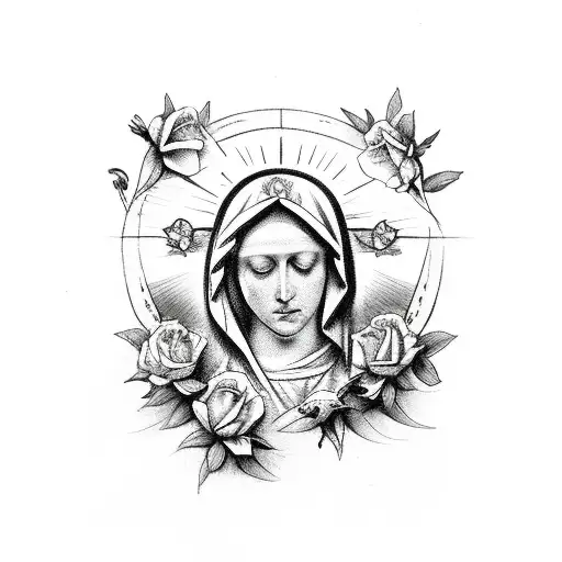 the Virgin Mary on top of two roses and a dove on both sides and a cross tattoo design idea