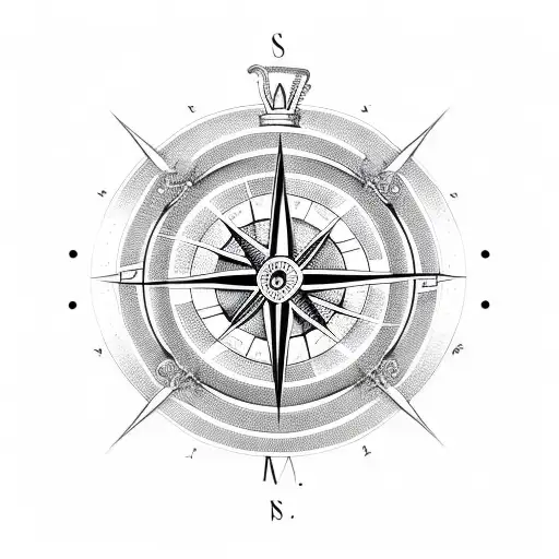 create a minimalist black and white tattoo design of a stylized compass, with simple lines representing the cardinal dir tattoo design idea