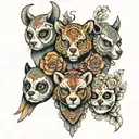 3 headed totem pole elephant panda owl day of the dead design sleeve tattoo design idea