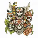 3 headed totem pole elephant panda owl day of the dead design sleeve tattoo design idea